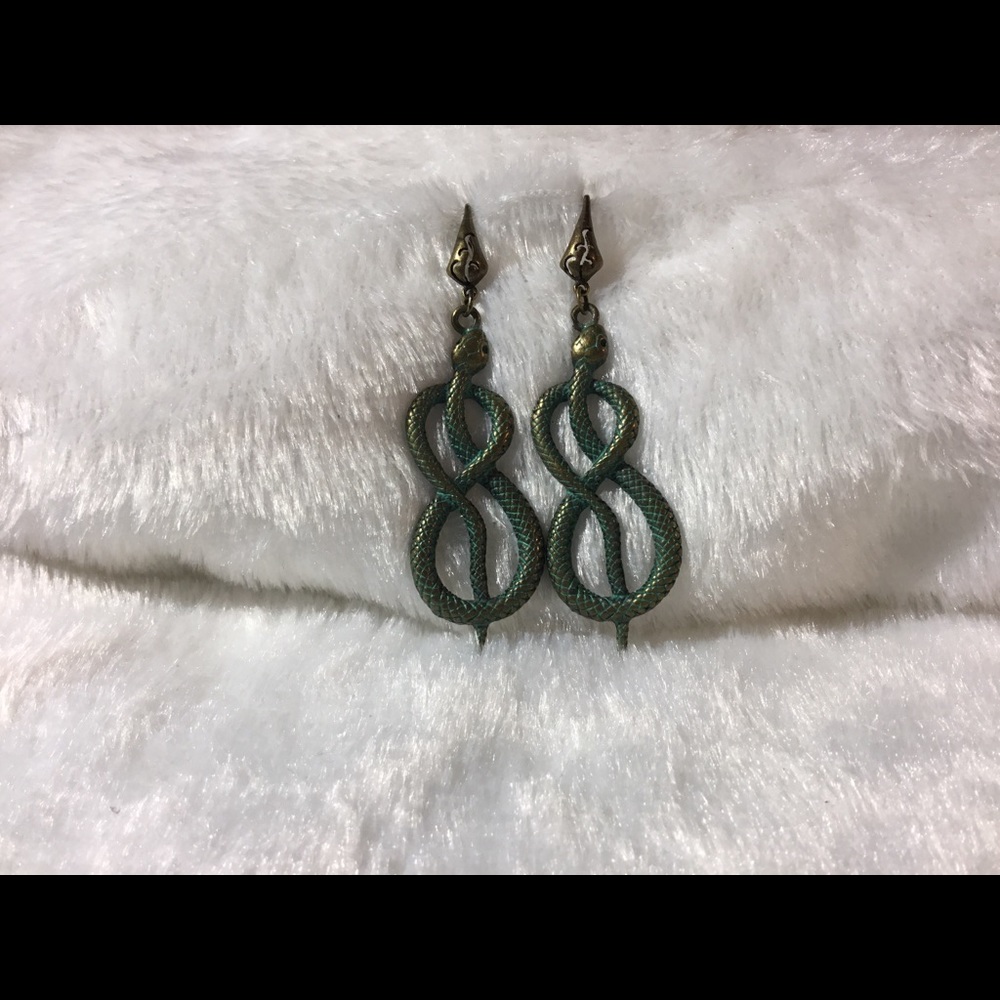 SOLD!! Verdigris Infinity Snake Earrings - Picture 9 of 15